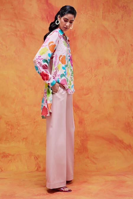 Buy Pankaj & Nidhi Ivory Silk, Crepe Sequins Collared Joyce Vivid Floral Print Shirt Buy_Pankaj & Nidhi_Ivory Silk, Crepe Sequins Collared Joyce Vivid Floral Print Shirt