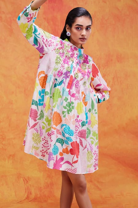 Pankaj & Nidhi_Ivory Chiffon Embroidery Bandeau Neck Joyce Vivid Floral Print Shirt Dress _Online_at_Aza_Fashions