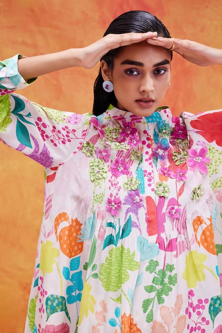 Buy_Pankaj & Nidhi_Ivory Chiffon Embroidery Bandeau Neck Joyce Vivid Floral Print Shirt Dress _Online_at_Aza_Fashions