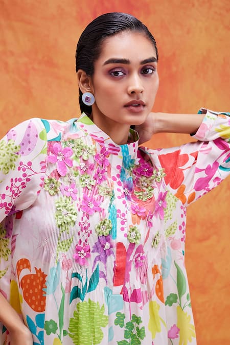 Shop_Pankaj & Nidhi_Ivory Chiffon Embroidery Bandeau Neck Joyce Vivid Floral Print Shirt Dress _Online_at_Aza_Fashions