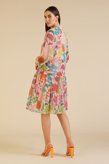 Shop_Pankaj & Nidhi_Beige Chiffon Bandeau Neck Joyce Vivid Floral Print Tiered Dress _at_Aza_Fashions