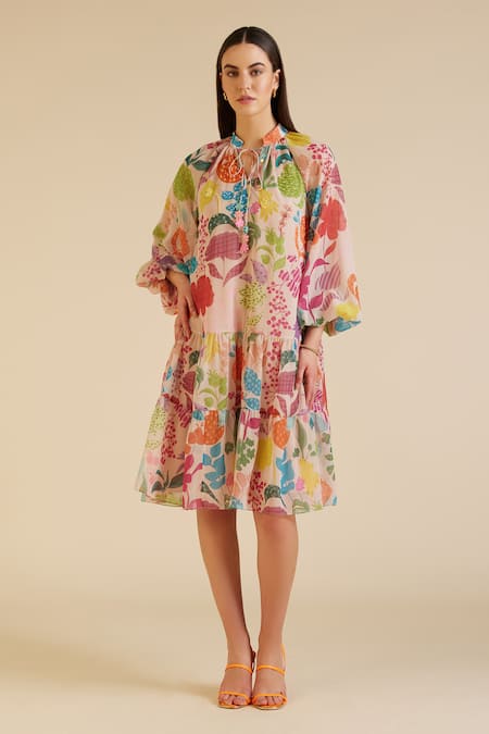 Pankaj & Nidhi_Beige Chiffon Bandeau Neck Joyce Vivid Floral Print Tiered Dress _Online_at_Aza_Fashions