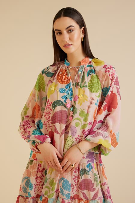 Buy_Pankaj & Nidhi_Beige Chiffon Bandeau Neck Joyce Vivid Floral Print Tiered Dress _Online_at_Aza_Fashions