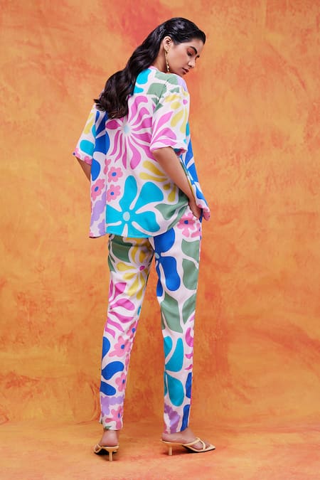 Shop_Pankaj & Nidhi_Pink Silk, Crepe Embroidery, Sequins Collared Livia Floral Print Top And Pant Set _at_Aza_Fashions