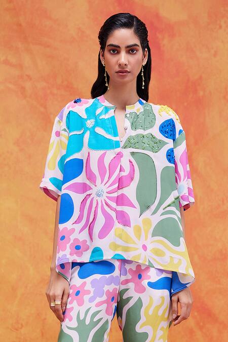 Pankaj & Nidhi_Pink Silk, Crepe Embroidery, Sequins Collared Livia Floral Print Top And Pant Set _Online_at_Aza_Fashions