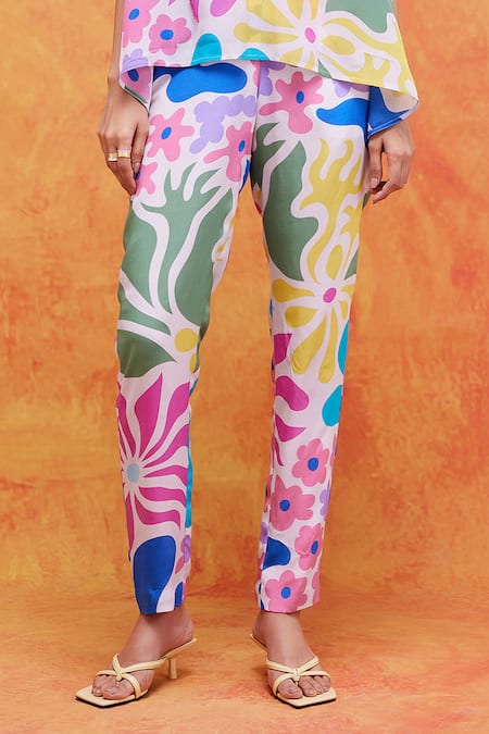 Buy_Pankaj & Nidhi_Pink Silk, Crepe Embroidery, Sequins Collared Livia Floral Print Top And Pant Set _Online_at_Aza_Fashions