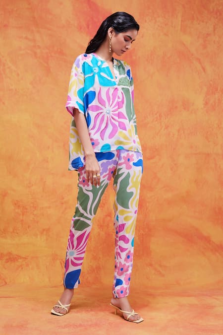 Shop_Pankaj & Nidhi_Pink Silk, Crepe Embroidery, Sequins Collared Livia Floral Print Top And Pant Set _Online_at_Aza_Fashions