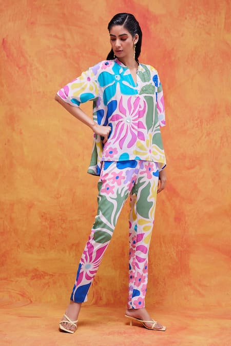 Pankaj & Nidhi_Pink Silk, Crepe Embroidery, Sequins Collared Livia Floral Print Top And Pant Set _at_Aza_Fashions