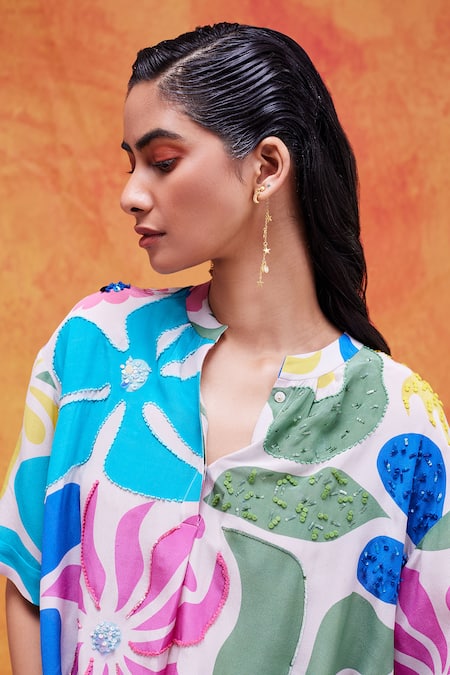 Pankaj & Nidhi_Pink Silk, Crepe Sequins, Embroidery Livia Floral Print Top And Shorts Set _Online_at_Aza_Fashions