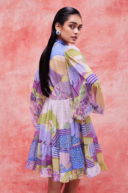 Shop_Pankaj & Nidhi_Purple Chiffon Collared Lyric Floral Field Print Dress _at_Aza_Fashions