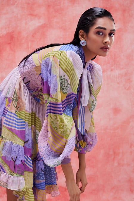 Pankaj & Nidhi_Purple Chiffon Collared Lyric Floral Field Print Dress _Online_at_Aza_Fashions