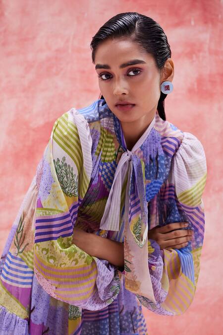 Buy_Pankaj & Nidhi_Purple Chiffon Collared Lyric Floral Field Print Dress _Online_at_Aza_Fashions