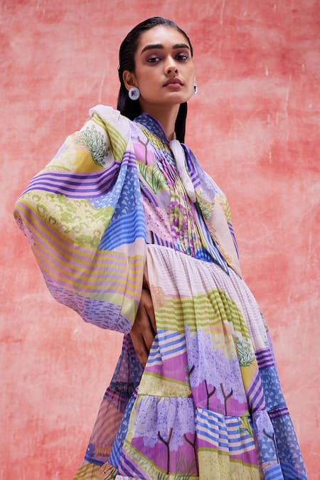 Shop_Pankaj & Nidhi_Purple Chiffon Collared Lyric Floral Field Print Dress _Online_at_Aza_Fashions