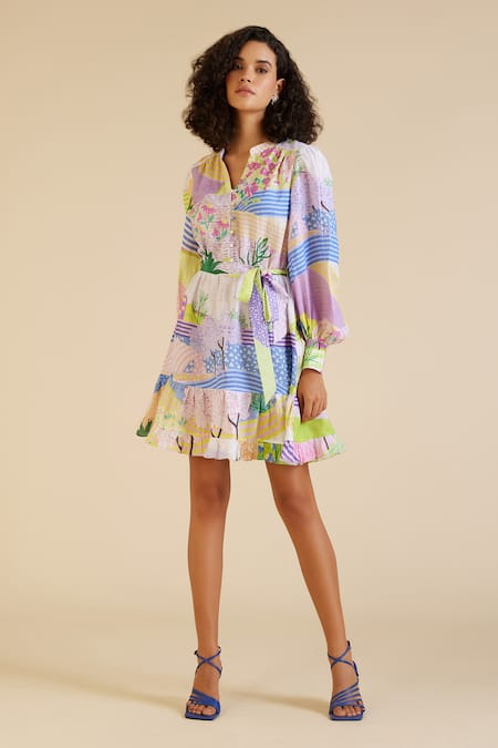 Pankaj & Nidhi Purple Linen Bows Round Neck Lyric Floral Field Print Dress Online at Aza Fashions Pankaj & Nidhi_Purple Linen Bows Round Neck Lyric Floral Field Print Dress _Online_at_Aza_Fashions