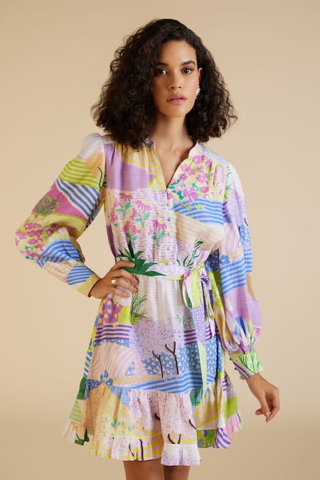 Buy Pankaj & Nidhi Purple Linen Bows Round Neck Lyric Floral Field Print Dress Online at Aza Fashions Buy_Pankaj & Nidhi_Purple Linen Bows Round Neck Lyric Floral Field Print Dress _Online_at_Aza_Fashions