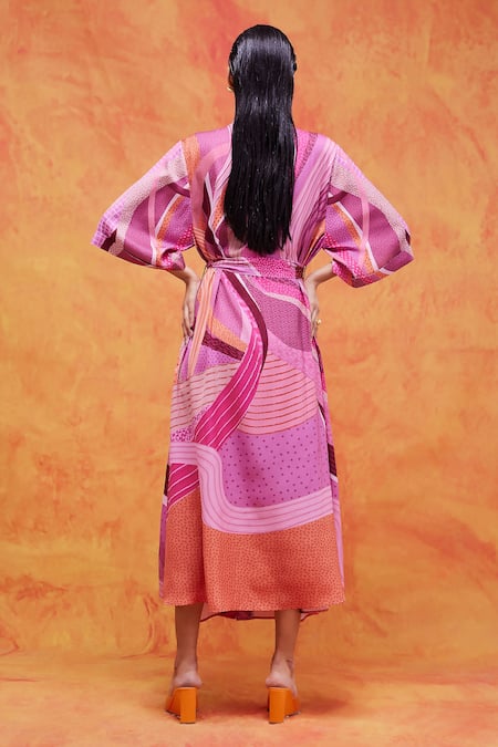 Shop Pankaj & Nidhi Pink Twill, Satin Sequins, Embroidery Mediterranean Mosaic Print Wrap Dress at Aza Fashions Shop_Pankaj & Nidhi_Pink Twill, Satin Sequins, Embroidery Mediterranean Mosaic Print Wrap Dress _at_Aza_Fashions