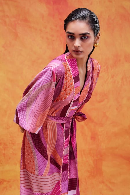 Buy Pankaj & Nidhi Pink Twill, Satin Sequins, Embroidery Mediterranean Mosaic Print Wrap Dress Online at Aza Fashions Buy_Pankaj & Nidhi_Pink Twill, Satin Sequins, Embroidery Mediterranean Mosaic Print Wrap Dress _Online_at_Aza_Fashions