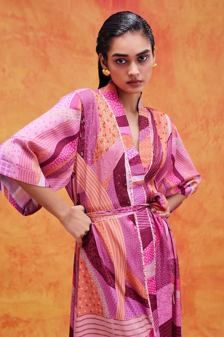 Shop Pankaj & Nidhi Pink Twill, Satin Sequins, Embroidery Mediterranean Mosaic Print Wrap Dress Online at Aza Fashions Shop_Pankaj & Nidhi_Pink Twill, Satin Sequins, Embroidery Mediterranean Mosaic Print Wrap Dress _Online_at_Aza_Fashions