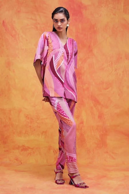 Pankaj & Nidhi Pink Twill Satin Printed And Embellished Mediterranean Top & Pant Set 