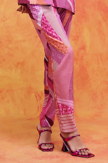Pankaj & Nidhi_Pink Satin Sequins, Embroidery Willa Mediterranean Mosaic Print Top And Pant Set _Online_at_Aza_Fashions
