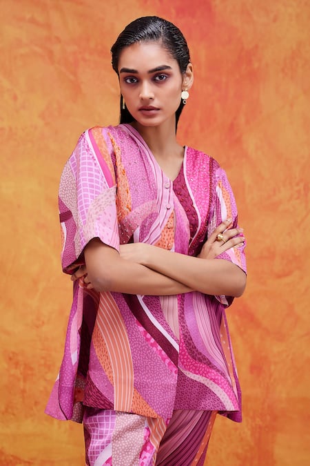 Pankaj & Nidhi_Pink Twill, Satin Sequins, Embroidery V-neck Mediterranean Mosaic Print Top _Online_at_Aza_Fashions