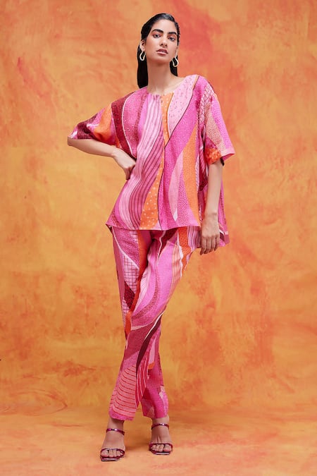 Pankaj & Nidhi Pink Linen Printed And Embellished Mediterranean Willa Top & Pant Set 