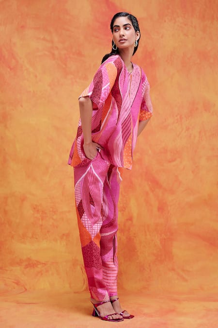 Buy_Pankaj & Nidhi_Pink Linen Sequins, Embroidery Round Neck Willa Printed Top And Pant Set _Online_at_Aza_Fashions