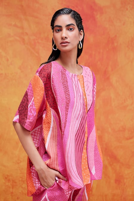 Shop_Pankaj & Nidhi_Pink Linen Sequins, Embroidery Round Neck Willa Printed Top And Pant Set _Online_at_Aza_Fashions