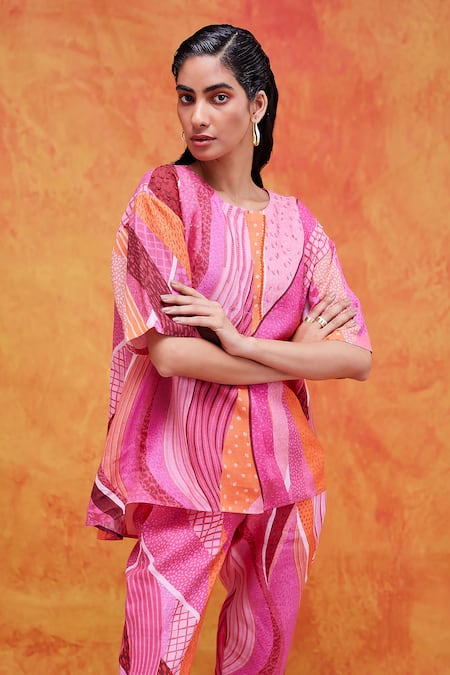 Pankaj & Nidhi_Pink Linen Sequins, Embroidery Round Neck Willa Printed Top And Pant Set _at_Aza_Fashions
