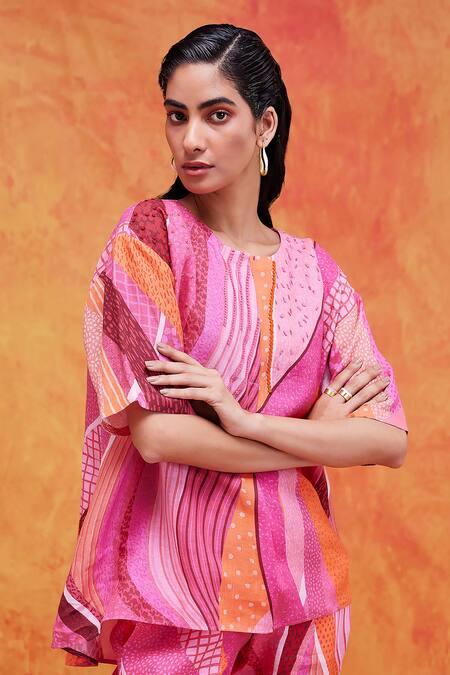 Shop_Pankaj & Nidhi_Pink Linen Sequins, Embroidery Round Neck Willa Mediterranean Mosaic Print Top _Online_at_Aza_Fashions