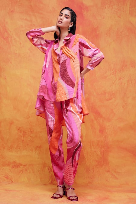Pankaj & Nidhi Pink Silk Crepe Printed And Willa Asymmetric Shirt & Pant Set 