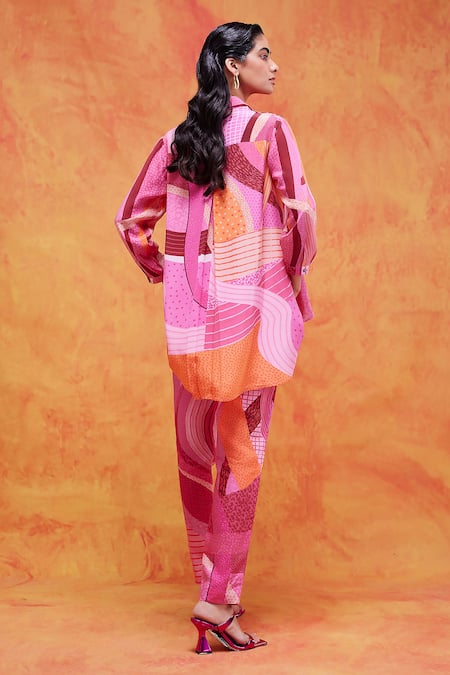 Shop Pankaj & Nidhi Pink Silk, Crepe Sequins, Embroidery Collared Willa Printed Asymmetric Shirt at Aza Fashions Shop_Pankaj & Nidhi_Pink Silk, Crepe Sequins, Embroidery Collared Willa Printed Asymmetric Shirt _at_Aza_Fashions