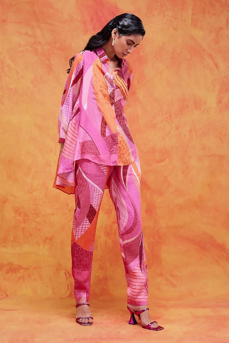Pankaj & Nidhi Pink Silk, Crepe Sequins, Embroidery Collared Willa Printed Asymmetric Shirt Online at Aza Fashions Pankaj & Nidhi_Pink Silk, Crepe Sequins, Embroidery Collared Willa Printed Asymmetric Shirt _Online_at_Aza_Fashions