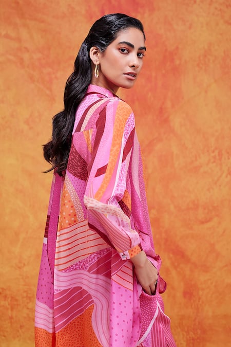 Buy Pankaj & Nidhi Pink Silk, Crepe Sequins, Embroidery Collared Willa Printed Asymmetric Shirt Online at Aza Fashions Buy_Pankaj & Nidhi_Pink Silk, Crepe Sequins, Embroidery Collared Willa Printed Asymmetric Shirt _Online_at_Aza_Fashions