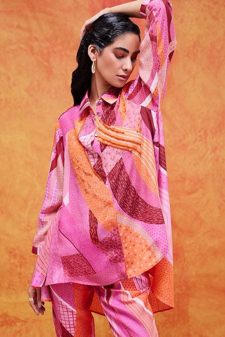 Shop Pankaj & Nidhi Pink Silk, Crepe Sequins, Embroidery Collared Willa Printed Asymmetric Shirt Online at Aza Fashions Shop_Pankaj & Nidhi_Pink Silk, Crepe Sequins, Embroidery Collared Willa Printed Asymmetric Shirt _Online_at_Aza_Fashions