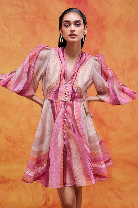 Pankaj & Nidhi Pink Lustre Organza Printed And Embellished Willa Empire Dress 
