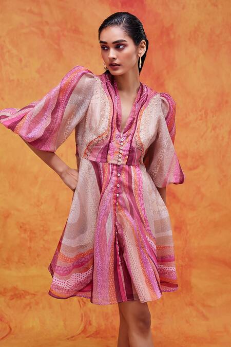 Pankaj & Nidhi_Pink Lurex, Organza Sequins, Willa Mediterranean Mosaic Print Empire Dress _Online_at_Aza_Fashions