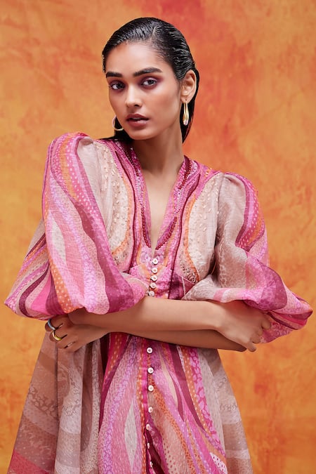 Buy_Pankaj & Nidhi_Pink Lurex, Organza Sequins, Willa Mediterranean Mosaic Print Empire Dress _Online_at_Aza_Fashions