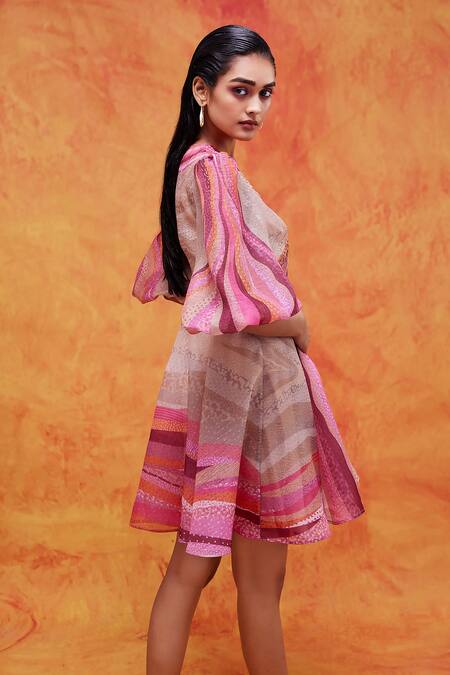 Shop_Pankaj & Nidhi_Pink Lurex, Organza Sequins, Willa Mediterranean Mosaic Print Empire Dress _Online_at_Aza_Fashions