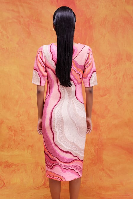 Shop_Pankaj & Nidhi_Pink Neoprene Sequins Round Neck Willa Mediterranean Mosaic Print Dress _at_Aza_Fashions