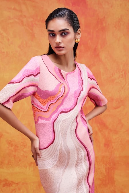 Pankaj & Nidhi_Pink Neoprene Sequins Round Neck Willa Mediterranean Mosaic Print Dress _Online_at_Aza_Fashions