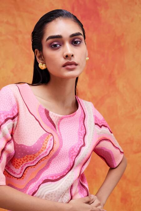 Buy_Pankaj & Nidhi_Pink Neoprene Sequins Round Neck Willa Mediterranean Mosaic Print Dress _Online_at_Aza_Fashions