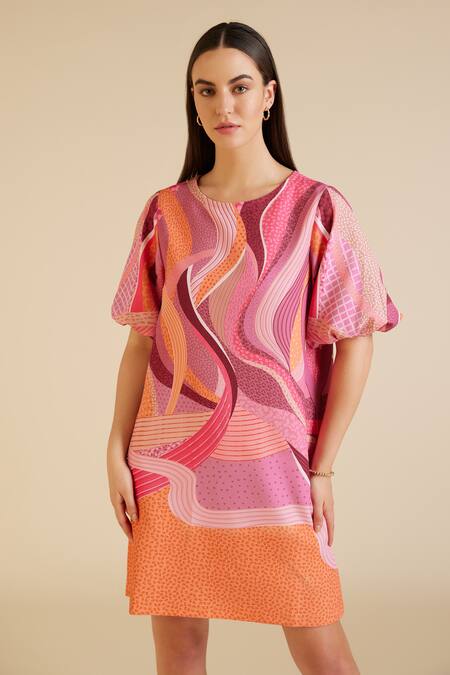 Pankaj & Nidhi_Pink Crepe Sequins Round Neck Willa Printed Puff Sleeve Dress _Online_at_Aza_Fashions