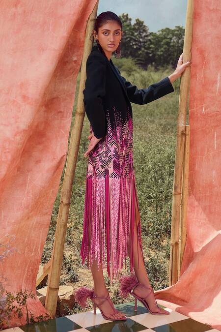 Shop Pankaj & Nidhi Blue Wool Fringe Collared Midnight Hand Woven Blazer Dress Online at Aza Fashions Shop_Pankaj & Nidhi_Blue Wool Fringe Collared Midnight Hand Woven Blazer Dress _Online_at_Aza_Fashions