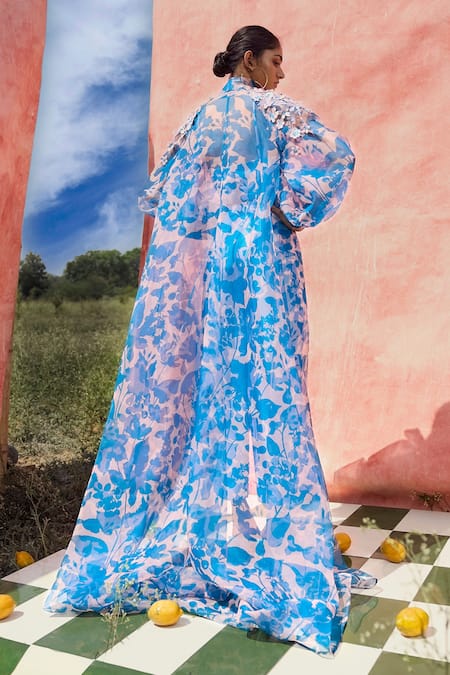 Pankaj & Nidhi Blue Organza, Satin Embroidery Round Cleo Sheer Floral Print Cape And Pant Set Online at Aza Fashions Pankaj & Nidhi_Blue Organza, Satin Embroidery Round Cleo Sheer Floral Print Cape And Pant Set _Online_at_Aza_Fashions