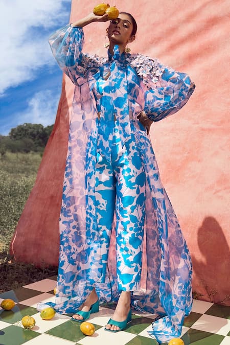Buy Pankaj & Nidhi Blue Organza, Satin Embroidery Round Cleo Sheer Floral Print Cape And Pant Set Online at Aza Fashions Buy_Pankaj & Nidhi_Blue Organza, Satin Embroidery Round Cleo Sheer Floral Print Cape And Pant Set _Online_at_Aza_Fashions