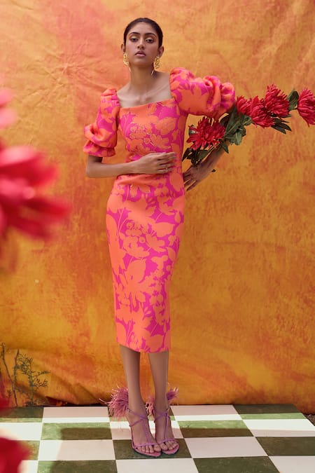 Pankaj & Nidhi Pink Neoprene Printed Floral Square Neck Cleo Sheath Dress 