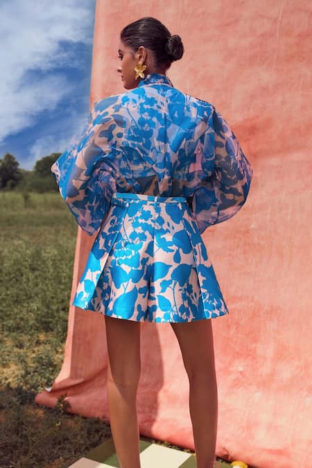 Shop Pankaj & Nidhi Blue Organza, Satin Embroidery High Neck Cleo Sheer Floral Print Bomber Jacket at Aza Fashions Shop_Pankaj & Nidhi_Blue Organza, Satin Embroidery High Neck Cleo Sheer Floral Print Bomber Jacket _at_Aza_Fashions