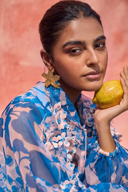 Buy Pankaj & Nidhi Blue Organza, Satin Embroidery High Neck Cleo Sheer Floral Print Bomber Jacket Online at Aza Fashions Buy_Pankaj & Nidhi_Blue Organza, Satin Embroidery High Neck Cleo Sheer Floral Print Bomber Jacket _Online_at_Aza_Fashions