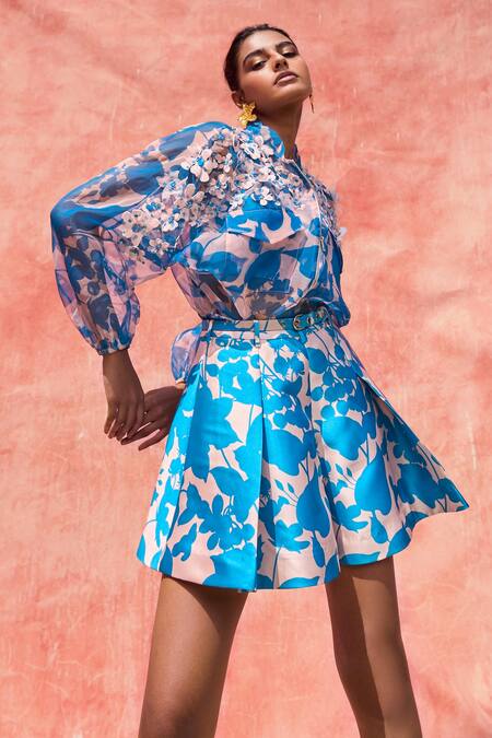 Buy_Pankaj & Nidhi_Blue Organza, Satin Embroidery High Cleo Floral Print Bomber Jacket And Shorts Set _Online_at_Aza_Fashions